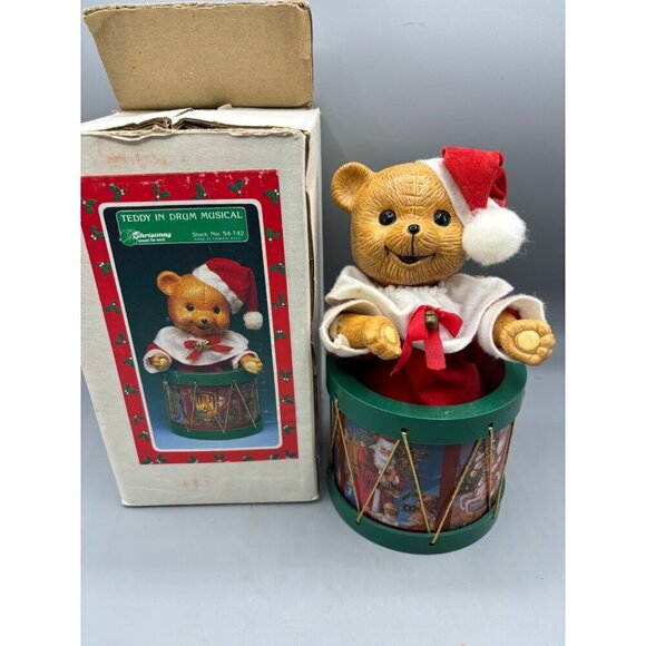 Vtg Christmas Around the World Teddy In Drum Musical Animated Figurine Decor - Picture 1 of 5
